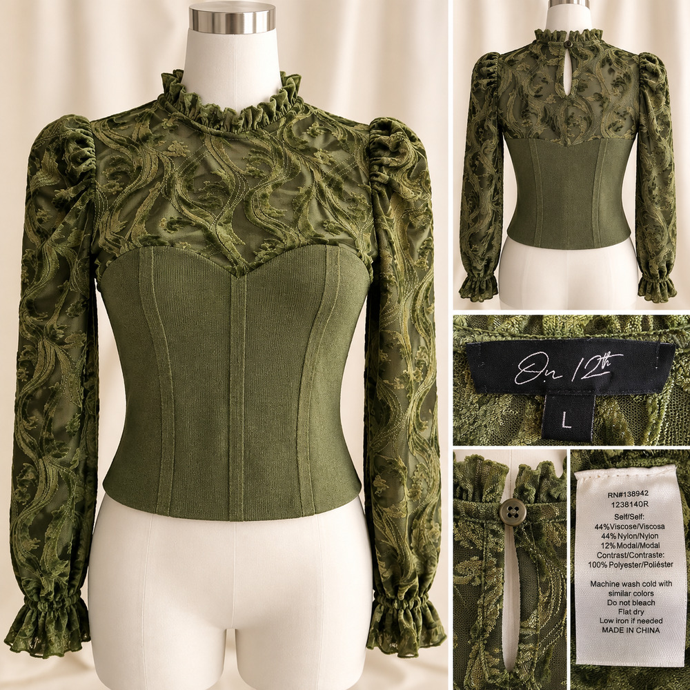 On 12th L Olive Velvet Burnout Corset Top Whimsigoth Fairy Grunge Puff Sleeve